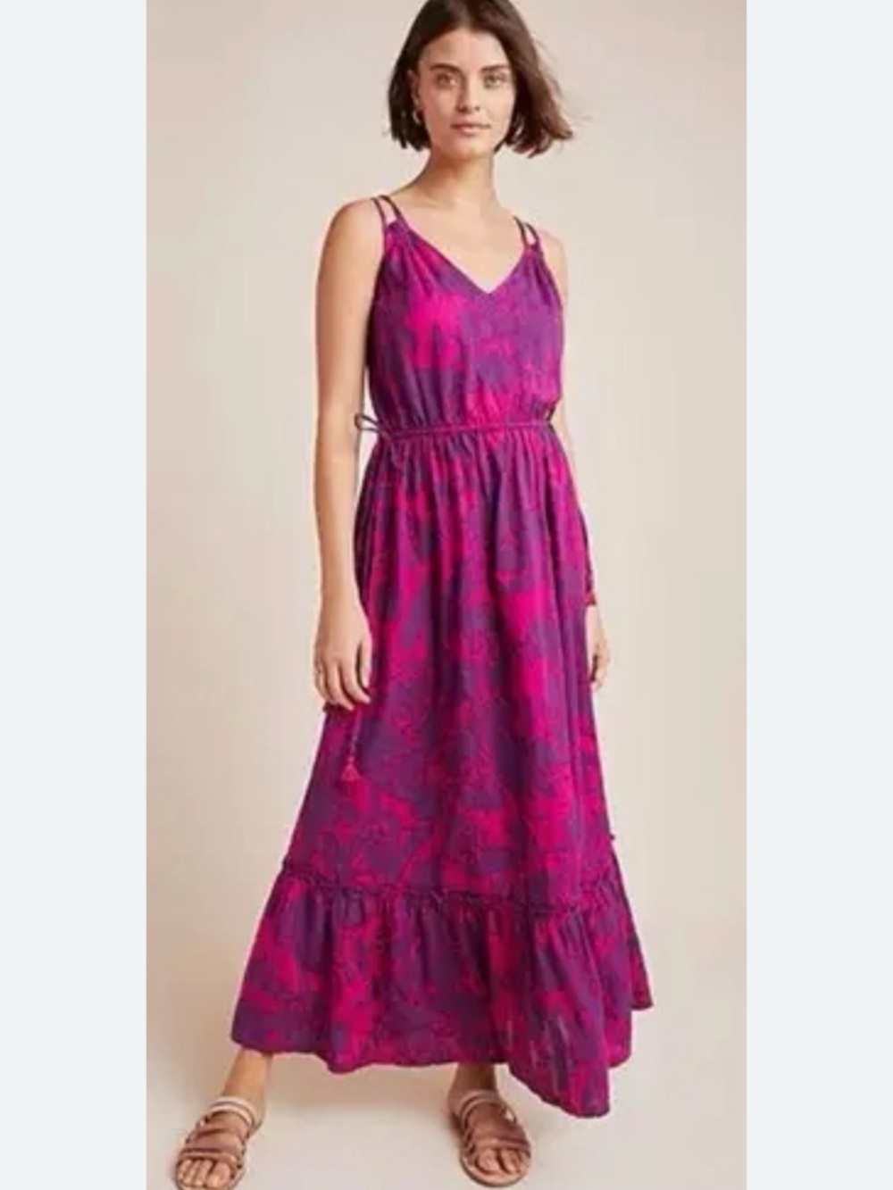 Anthropologie SATURDAY SUNDAY Tiered Maxi Dress Tie Waist M 100% COTTON Floral